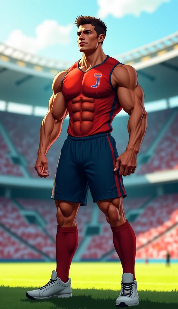 detailed back ground,Handsome face,male people,Bala,short detailed hair,There is body hair,soccer player,short detailed hair,big breasts exposed cleavage,Rounded ass,on a football field,White socks,NSFW,Leg hair,Chest hair,Abdominal hair,pubes,transparent panty,Correct anatomy,Golden ratio figure