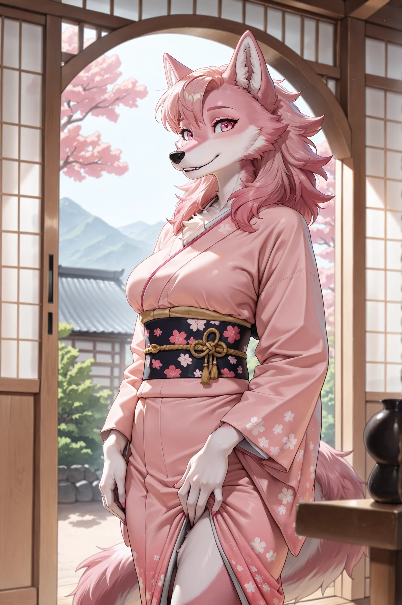 (masterpiece, best quality, amazing quality, very aesthetic, high resolution, ultra-detailed, absurdres:1.25), cowboy shot, newest, scenery, furry, anthro, female, (solo, 1 pink wolf anthro:1.25), (long muzzle:0.75), (pink eyes), long pink hair, adult, mature, tender, calm, beautiful, (quality pink kimono), (tall), edo period Japan, cherry blossom, skinny, happy, BREAK, detailed background, detailed hair, depth of field, detailed fluffy fur, volumetric lighting