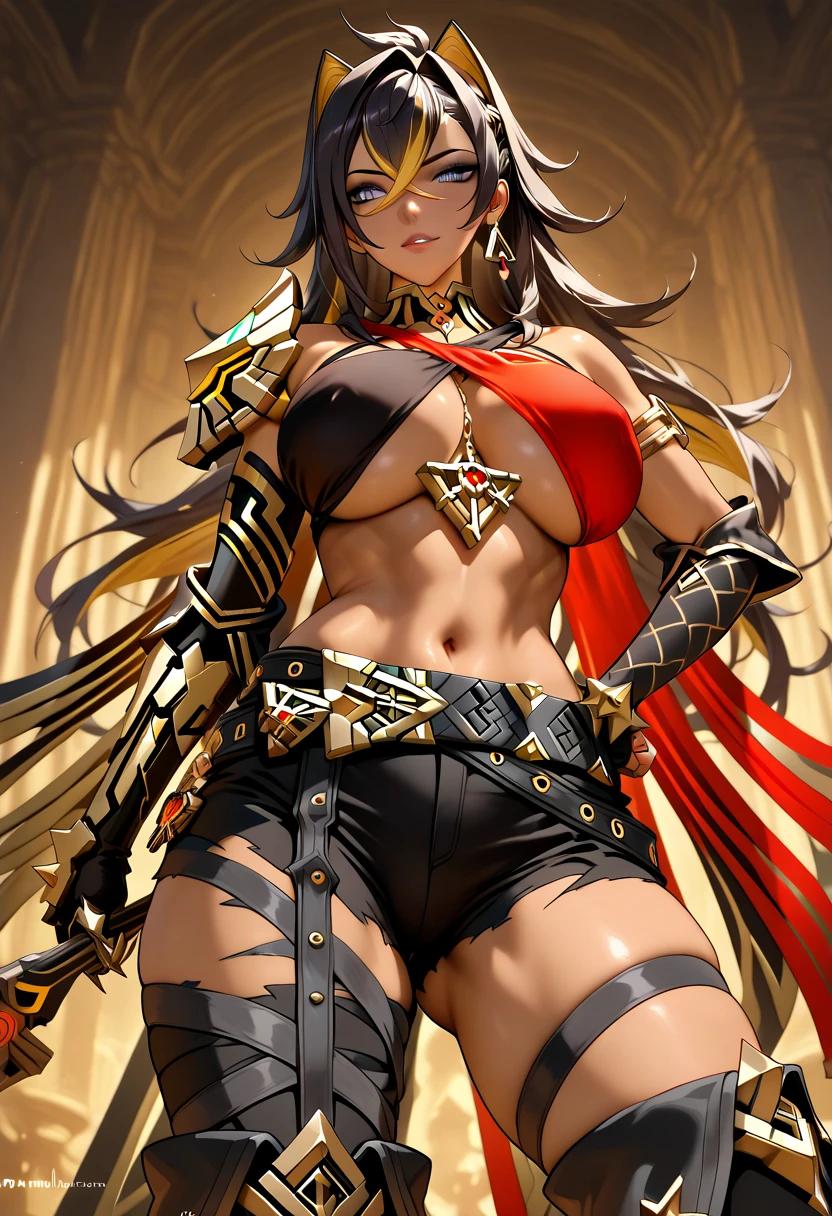 masterpiece,best quality,studio lighting,dehya, seductive pose, glowing eyes, perfect face, perfect hands, detailed lips, detailed nose, detailed eyes, (huge breasts), holding a greatsword,cowboy shot,confident smile,(((dark skin)))