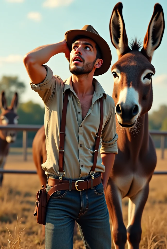 Young cute handsome beautiful 2 beardless taking perfect face next to him a donkey on the rope on a farm shirtless 