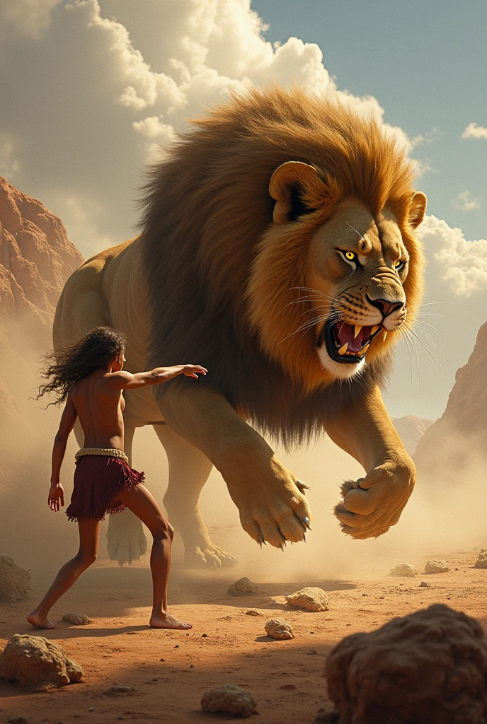 A lion in n the jungle who jumping on man