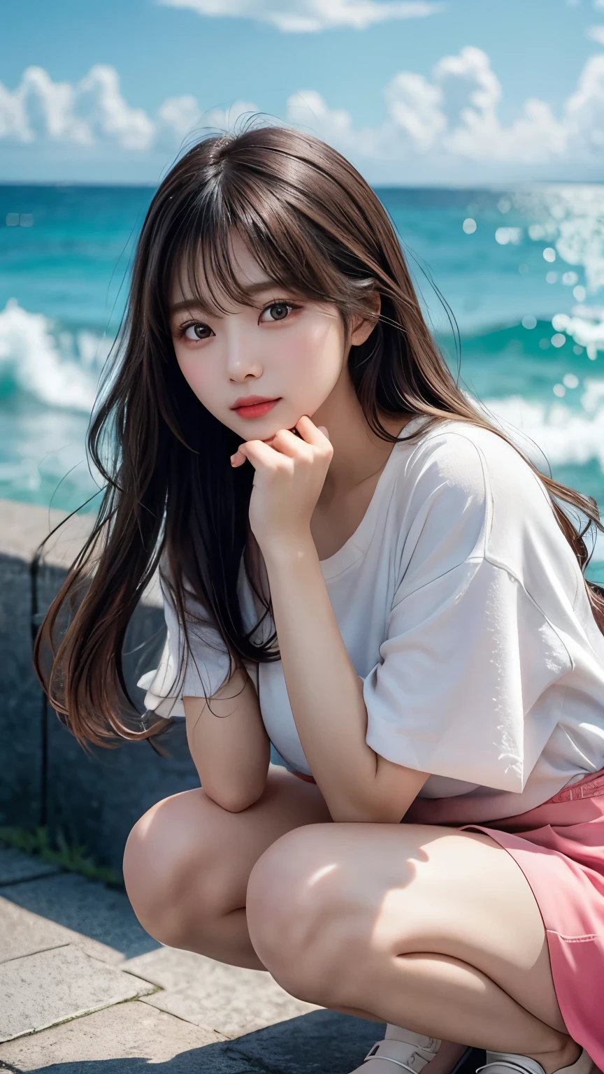 high resolution,1girl,(soft saturation:1.3), (fair skin:1.2),wearing a white clothes,85mm lens,f/8.0,background,gyaru,brown hair,medium breasts,((white shirt)), (cleavage:0.9), (cute:1.2), ((jpop idol)), (upper thigh:0.6), (depth of field),soft light, Lens Glow, full body,Retro high-neck swimsuie,<lora:lxq:0.6>
