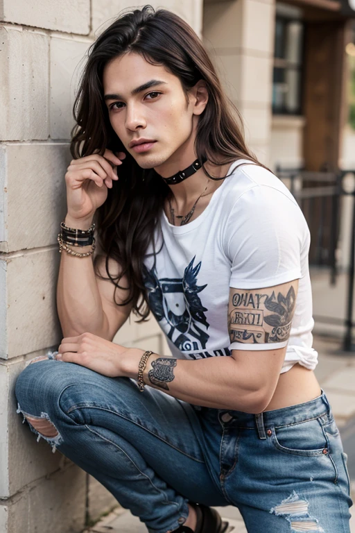Man, male, young, boy, black hair, long wavy hair, blue eyes, sexy, shirtless, wearing pants, fair skin, pale skin