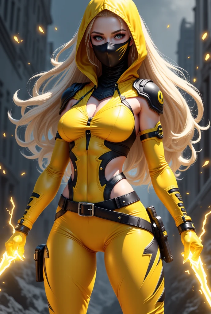 girl with long yellow hair, yellow eyes, futuristic vibes, mask on mouth, headphones, 8k, high quality, simple background, glowing eyes, nice pose