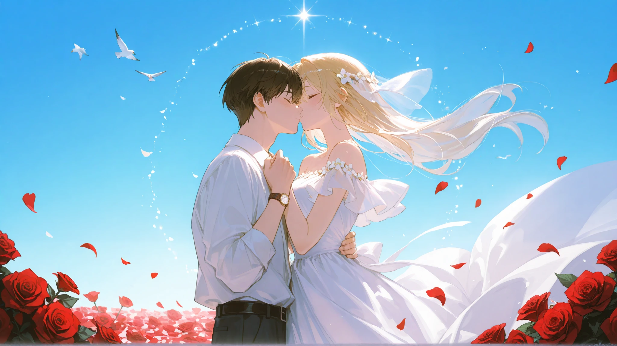 A sunlit garden wedding surrounded by blooming roses and fairy lights. Jiwon, radiant in a flowing white gown, holds Seojin’s hands as they exchange vows. He gazes at her with unwavering affection, his usual serious expression softened with love. Their closest friends and family watch with warm smiles, flower petals floating in the breeze. As they seal their promise with a kiss, the camera pans upward to the blue sky, where birds soar freely—just like their hearts, finally at peace, finally together.