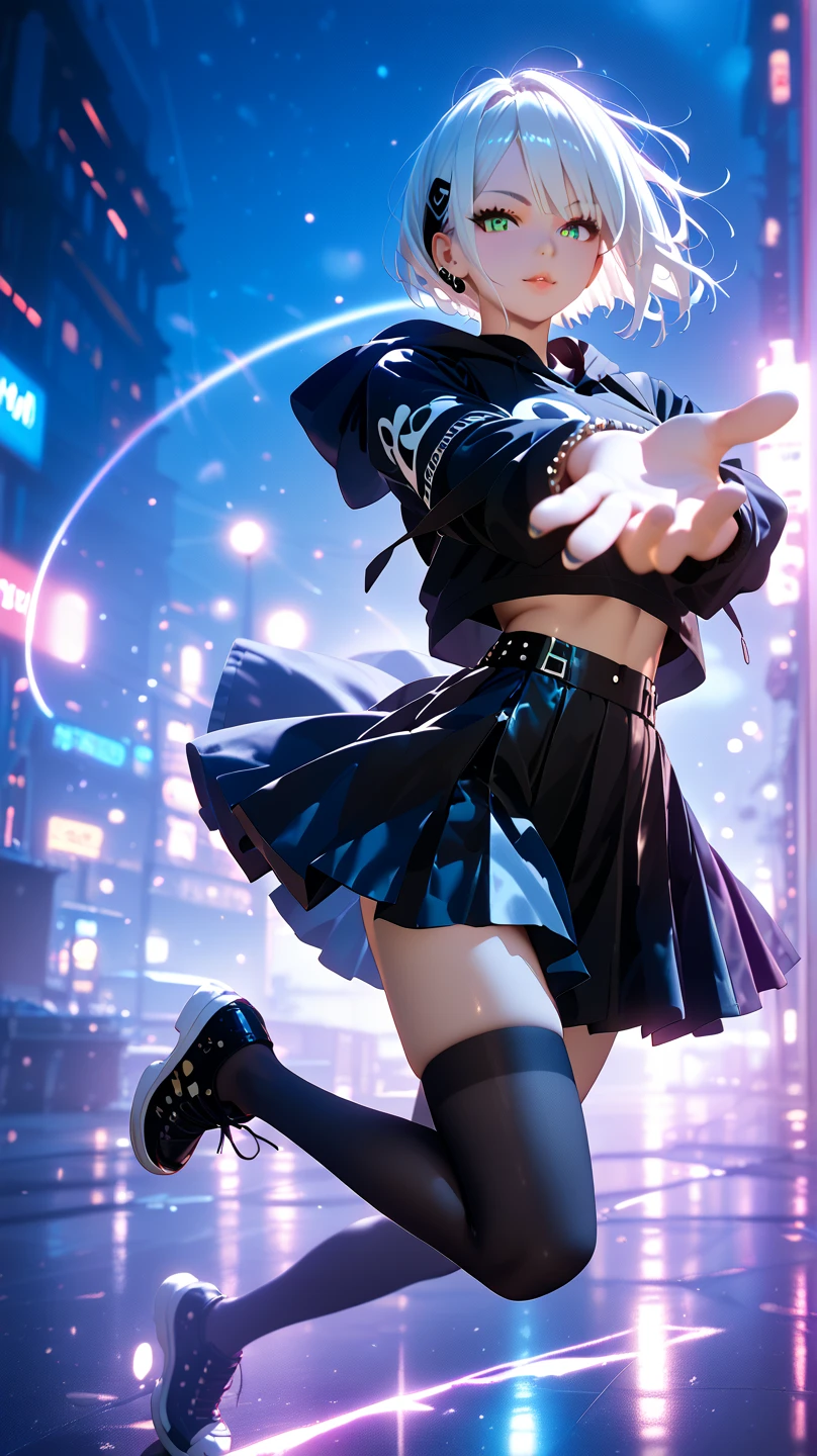 (Highest quality, masterpiece),(One girl, trench coat,expression, blue eyes, View your viewers, Black Hair, Mouth closed, Dress shirt, Black Skirt, Waving to the audience), (Reduce Blue Light, Blue glass shards swirling behind, Floating objects, Night Sky)