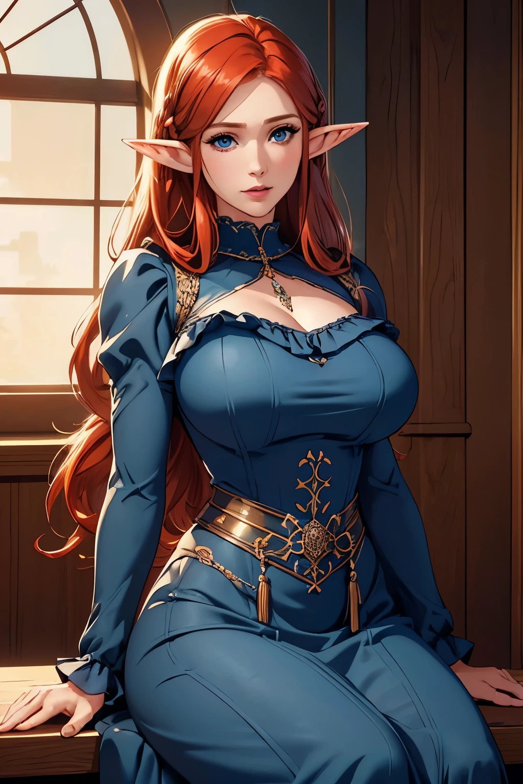 Beautiful Farmer with Braids . (( Redheaded Woman, mature adult woman , mature MILF's face , long hair , pointy ears , elf ear)), Perfectly round face . cute and charming face , big lips , beautiful and voluptuous , charming beauty , (( soft expression on the face )), ((Beautiful big, detailed blue eyes )), curly curly , long legs (( Dark blue dress with ruffles, mature adult woman , adult milf face, modest dress, very high neckline)) ( detailed high )), official art , Award-winning digital painting , digital illustration , extreme details, 4K, Ultra HD, rococo, polished, intricate, realistic fantasy art , sharp focus, conceptual artwork , arte por wlop, germ of art, ( 2D vector illustration ) light, airy, hourglass shaped body . ellie bamber