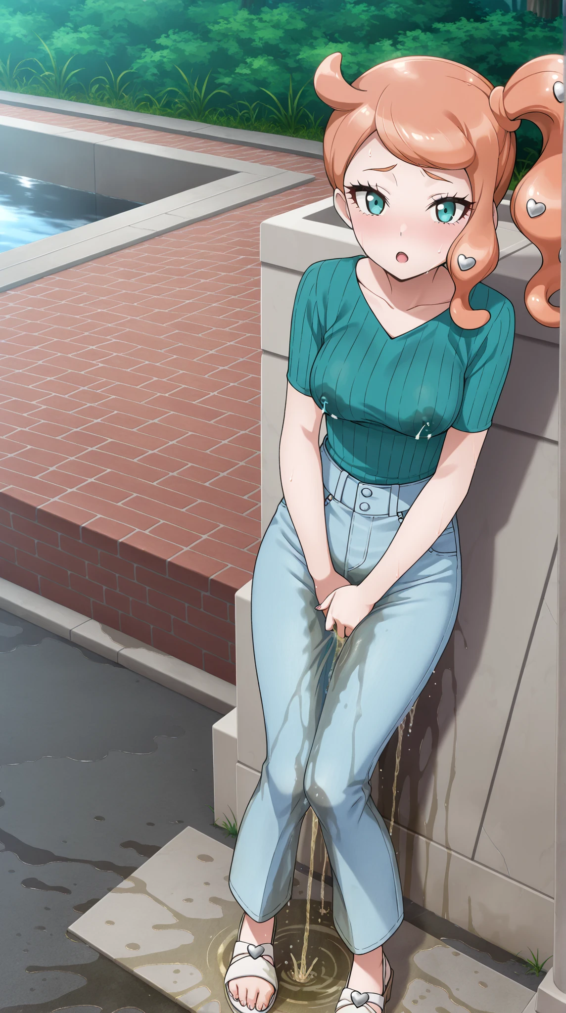 masterpiece, best quality, amazing quality, 1girl, youthful female, sonia from pokemon, no headwear, (lactation), medium breast, (wetting herself:1.5), (desperation), (peeing), large wet pee stain, pee stain visible on her pants, soaking wet pants, (blue denim pants), looking at viewer, :O, outdoor setting, full body, Fashion photography, (anime screencap:1.2)