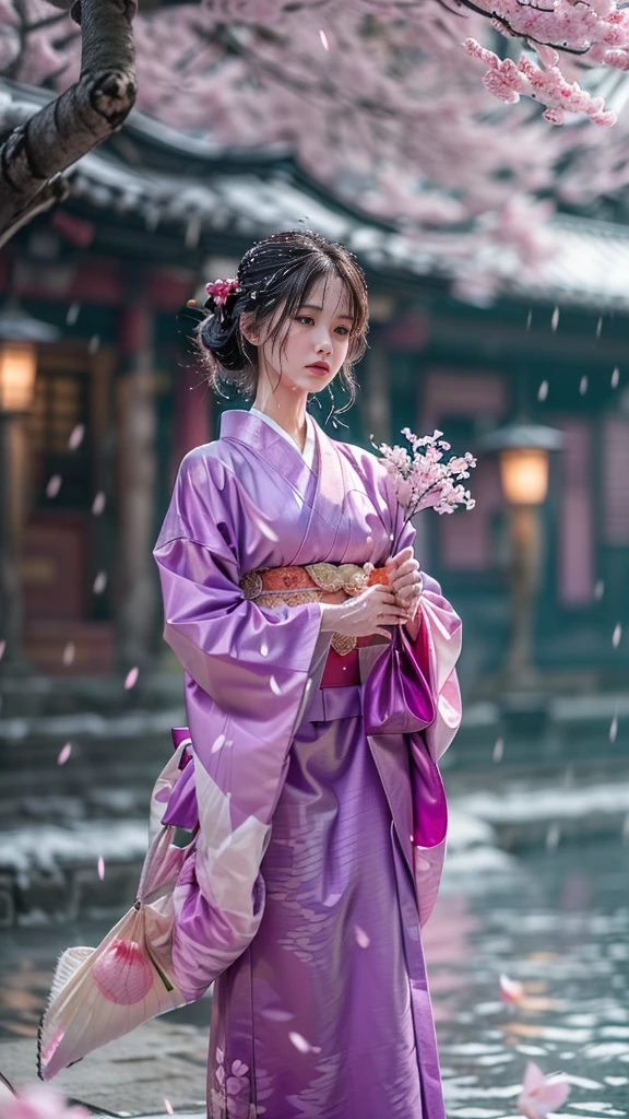 (Photorealistic, 32K, best quality, masterpiece, super high resolution), ((Powder Snow, Cherry Tree)), Highly Detailed Skin and Face Textures:1.3, perfect dynamic composition:1.2, (Night before a shrine in a modern city, Expressions of sadness:1.0,  Tears Flowing :1.0, Crying with a broken heart:1.0),  Slim woman wet in the rain , white skin:1.2, sexy beauty:1.1, perfect style:1.2,  beautiful、And aesthetic :1.1, very pretty face:1.2, Water droplets on skin, (Rain drips all over my body:1.2, wet body:1.2, wet hair:1.3), ( wearing a professional kimono:1.1, Holding a bouquet of wet cherry blossoms:1.2,  wear a wet light purple kimono properly :1.3), (medium breasts, The bra is see-through,  chest gap),  (beautiful erotic eyes:0.8, Overly sensual:0.8, seductive:0.8), earrings, bracelet, wedding ring, Highly detailed hands and fingers