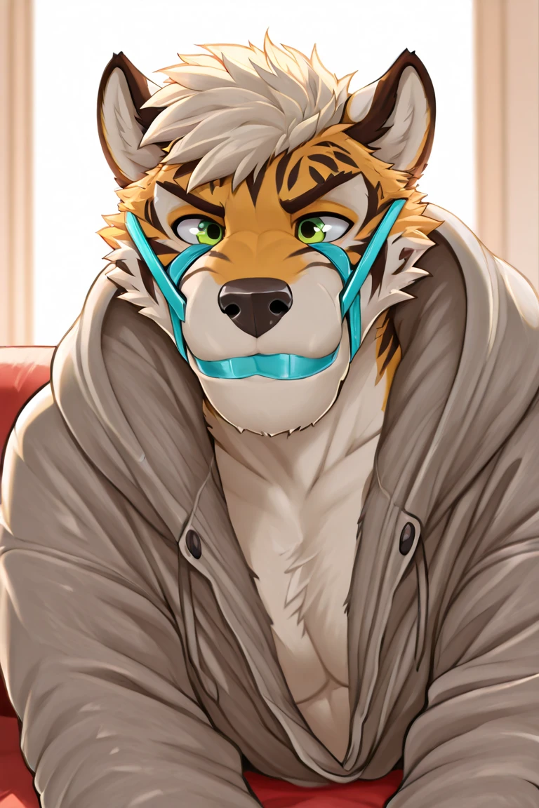 <lora:rexer-07:1>, rexer, green eyes, (posing:1.3), (soft shading), 4k, hi res, ((detailed face, detailed)), by zackarry911, by zaush, (by personalami:0.5), blush, smile, white background, jacket, (closed eyes:1.2), upper body, male focus, multicolored hair, teeth, grin, piercing, ear piercing