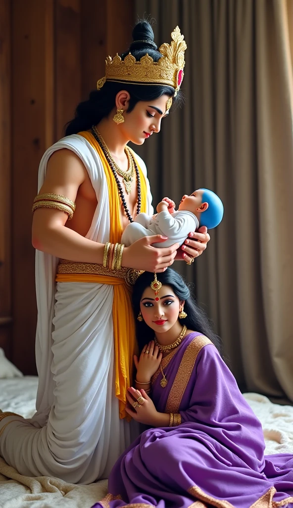 A stunning portrait of Princess Jasmine She is pregnant, holding her belly, the blue genie is holding her, location is ancient Arabia, Mesopotamia, ancient India, temple, young and beautiful, hyper realistic, real portrait, backlit, exquisite features, cleavage, sexy, seductive, natural light, soft light, nine months pregnant, large belly, embodiment of love, bare belly,