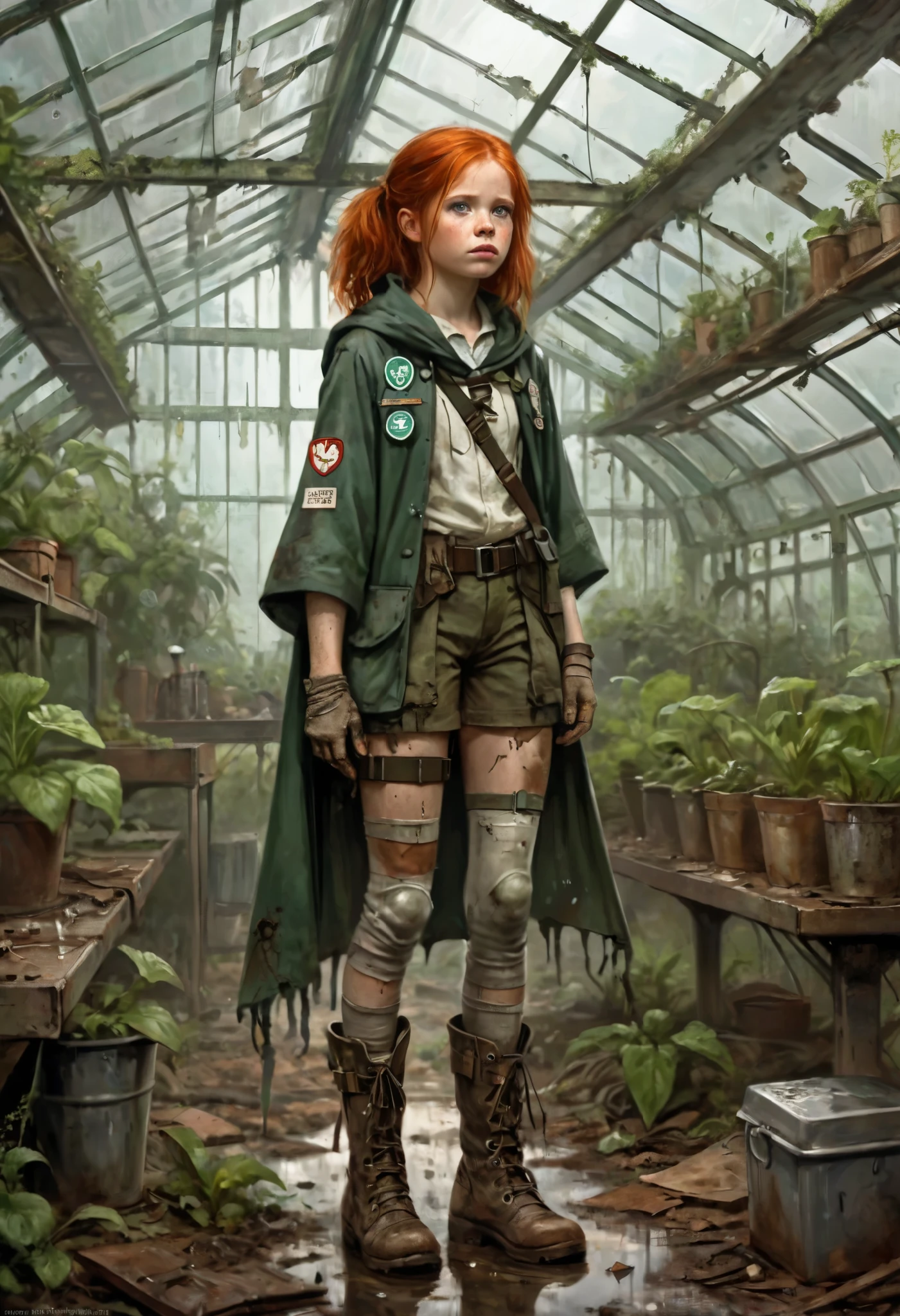 Concept art of a young redheaded girl wearing a shabby Girl Scout's uniform, binoculars, hooded cape, lightweight boots , leggings, utility belt . fringe, in a neglected post-apocalyptic greenhouse, broken glass, overgrown plants, rusty tools, faint moonlight shining, detailed, intricate