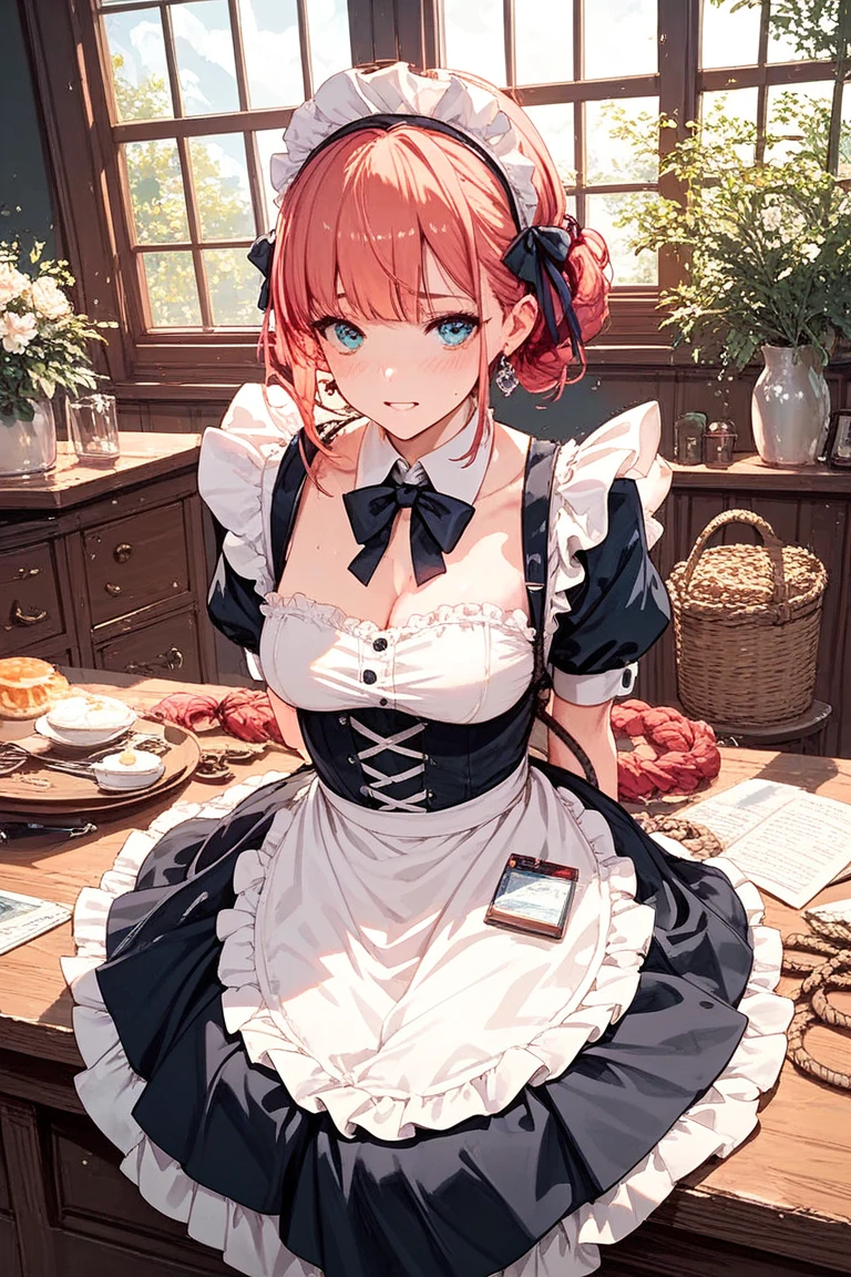 Beautiful girl maid,killer with red hair, green eyes and big breasts