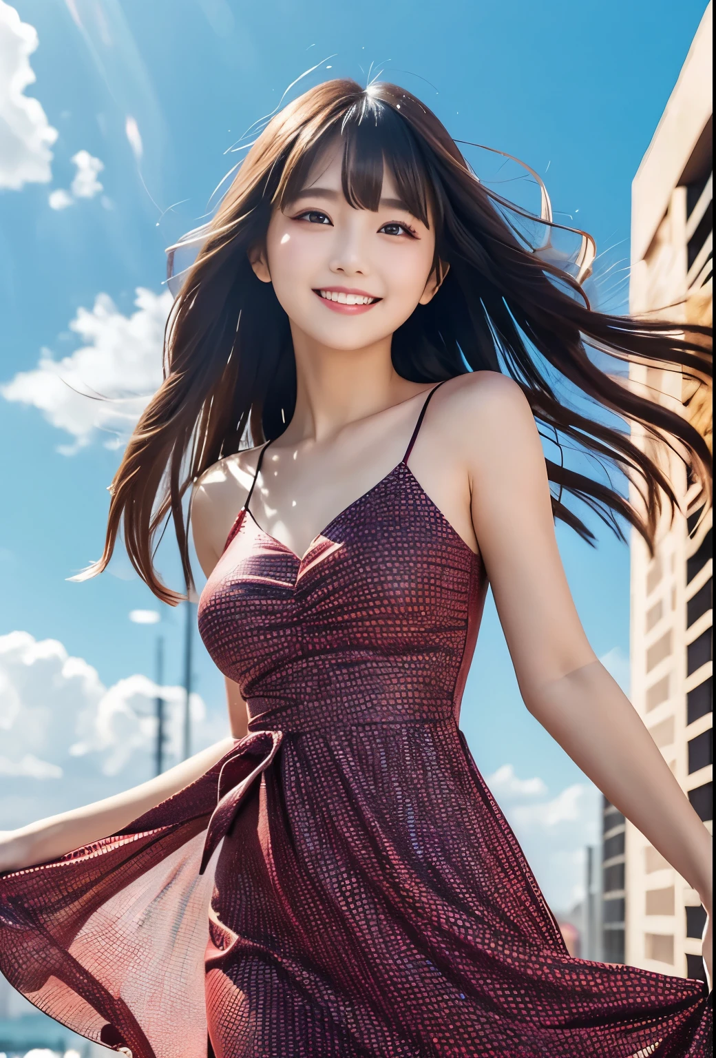 femele, Solo, Upper body, Silk dress, florals畑, florals, Wind blowing through, Flowing hair ,Dynamic Angle, (floating colorful sparkles:1.1) , Elegant, Ultra-detailed face, Detailed eyes, Shiny skin, Lustrous lips ,(Official art, Unity 8k壁纸, ultra-detailliert, Beautiful and aesthetic, masutepiece ,Best Quality:1.Phototriaritic:1.3),Natural smile