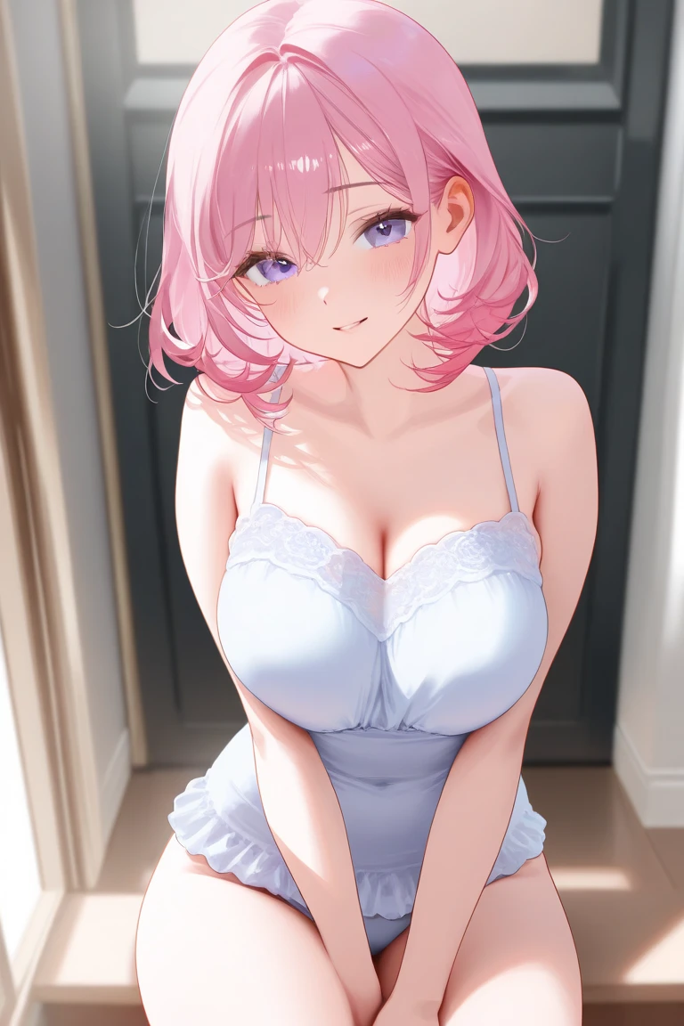 (1 girl),(Best Picture Quality, 8K, Masterpiece:1.3), (high school student:1.5), (pink lob hair:1.1), [mintgreen hair:0.1], (bob cut), (slant skyblue eyes), ((school uniform, white short simple sleeve shirt, darkblue skirt)), (super clear:1.5), (glistening skin:1.1),(pale skin:1.1), (standard weight), (medium breasts), (mintgreen lace bra),(mintgreen lace panties:1.1), (clothes lift, show off bra ,show off panties).