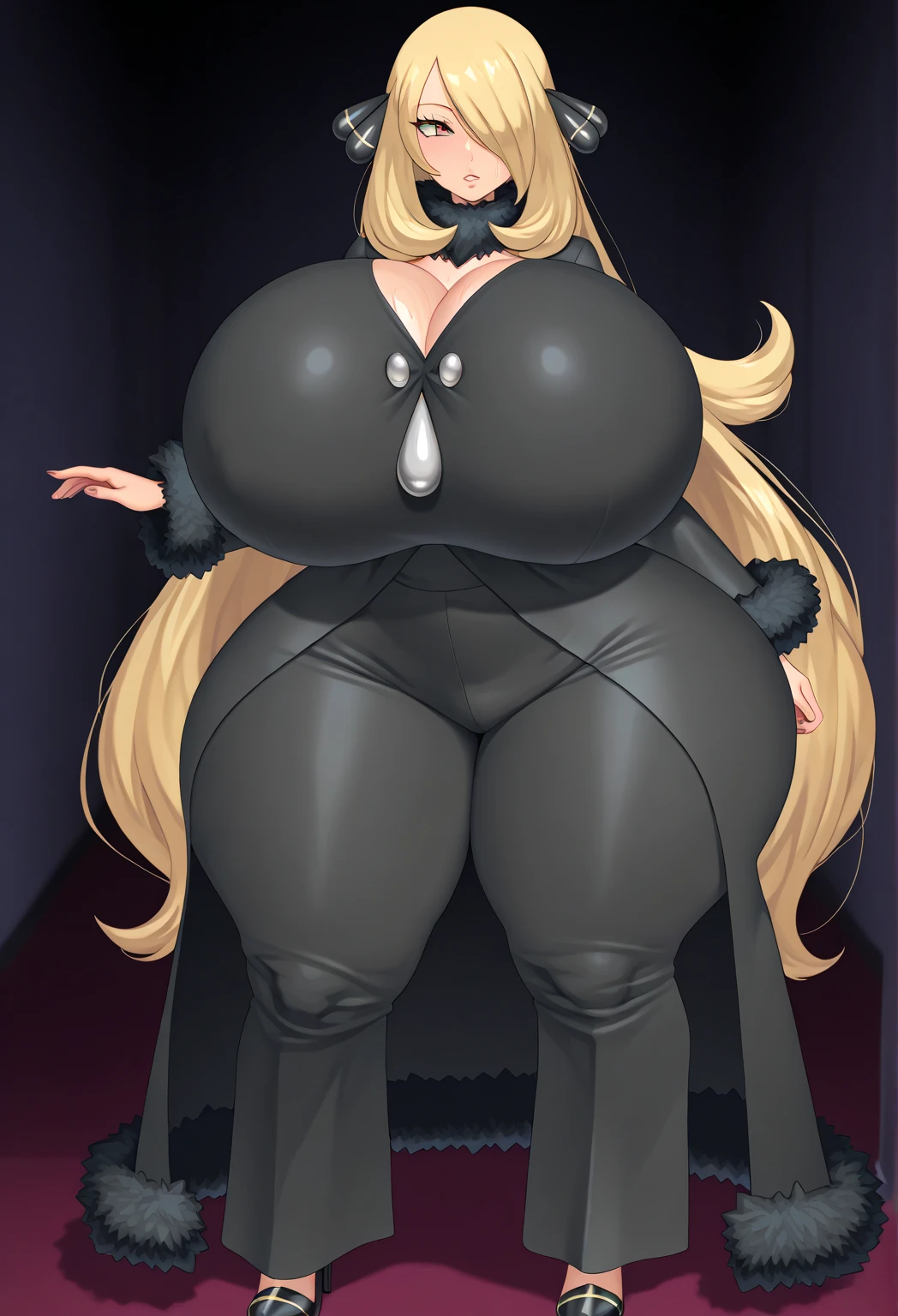 work of art, better_quality, 1 girl, standing alone, yorha no. 2 Tipo B, black blindfolded, blindfolded, ((leaning forward)), Broad Hips, thick-thighs, huge ass, Huge huge natural breasts, neckleace, mature mother, hand on hip, smiling, ssbbw, obese mom