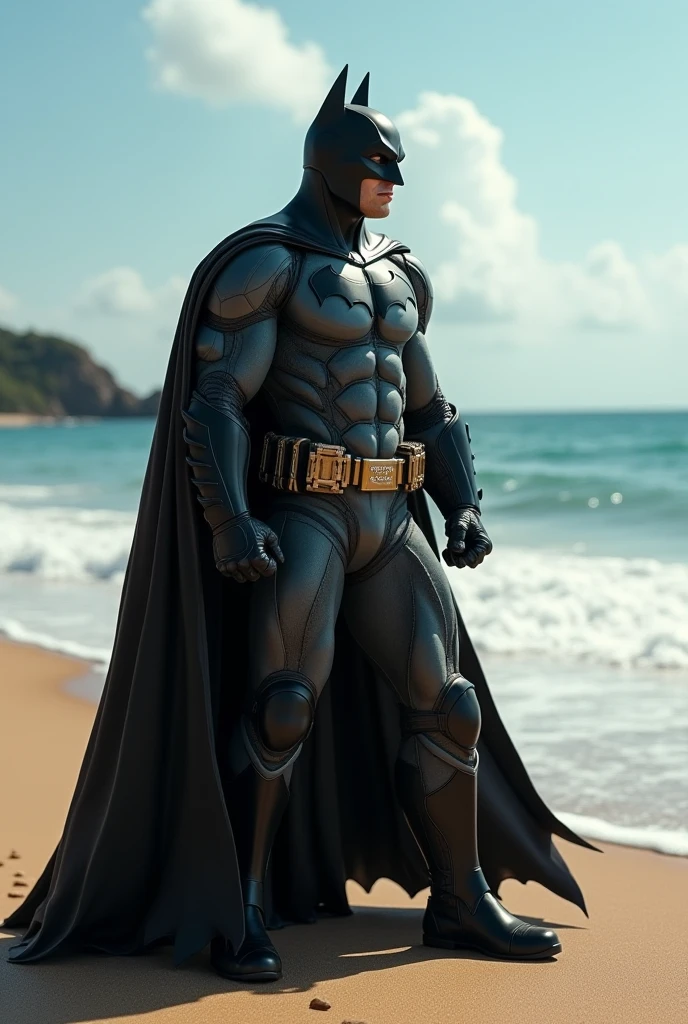 bold body extensions, 03CEA4 color palette walking on beach in crashing waves at a dramatic sunset, portrait, Anime - pixar art of a Batman with emotive eyes,