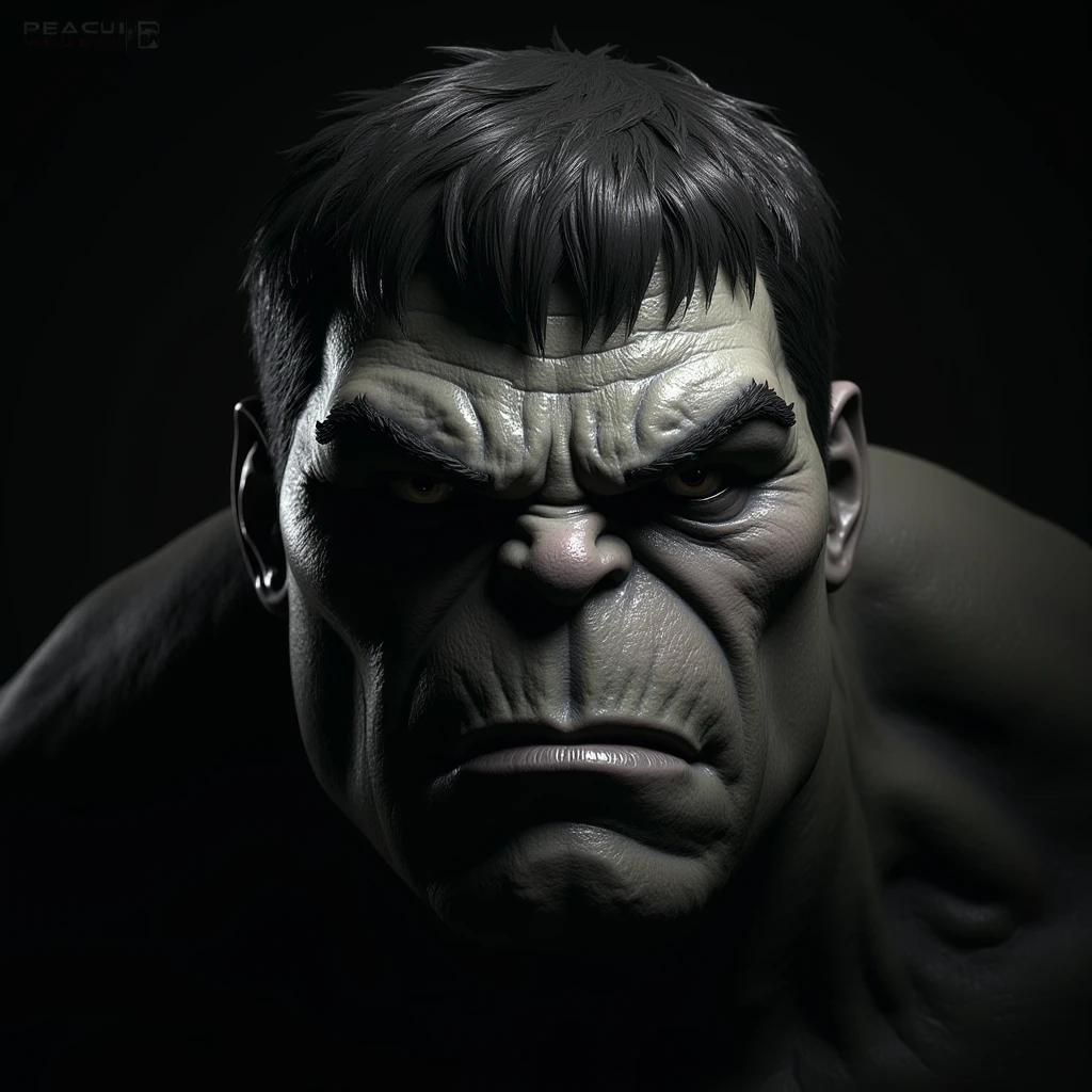 [Core Concept] A towering stone sculpture depicting the powerful bust and head of the iconic Marvel superhero, Hulk. [Character Description] The sculpture captures Hulk's iconic muscular physique, with pronounced brow ridges, a square jawline, and a fierce, determined expression. His features are carved in striking detail, conveying a sense of raw strength and unbridled fury. [Environment/Background] The bust emerges from a solid block of gray stone, the material seamlessly integrated into the character's form, creating a cohesive and monolithic appearance. [Style and Atmosphere] The sculpture radiates a sense of solidity, permanence, and primal power, reflecting Hulk's unwavering strength and unyielding nature. The uniform gray coloration lends a sense of gravitas and timelessness to the piece. [Composition] The bust is positioned frontally, commanding the viewer's attention with its imposing presence and imposing gaze. The strong, angular lines and chiseled features create a striking and dynamic visual composition. [Details and Embellishments] Every muscle, vein, and contour of Hulk's face and neck is meticulously rendered in the gray stone, conveying a sense of raw, elemental power. The attention to detail and the seamless integration of the material into the form create a captivating and lifelike sculpture. [Technical Specifications] The sculpture is a large-scale, monolithic bust made entirely of solid gray stone, capturing the Hulk's iconic visage in a commanding and imposing manner.
