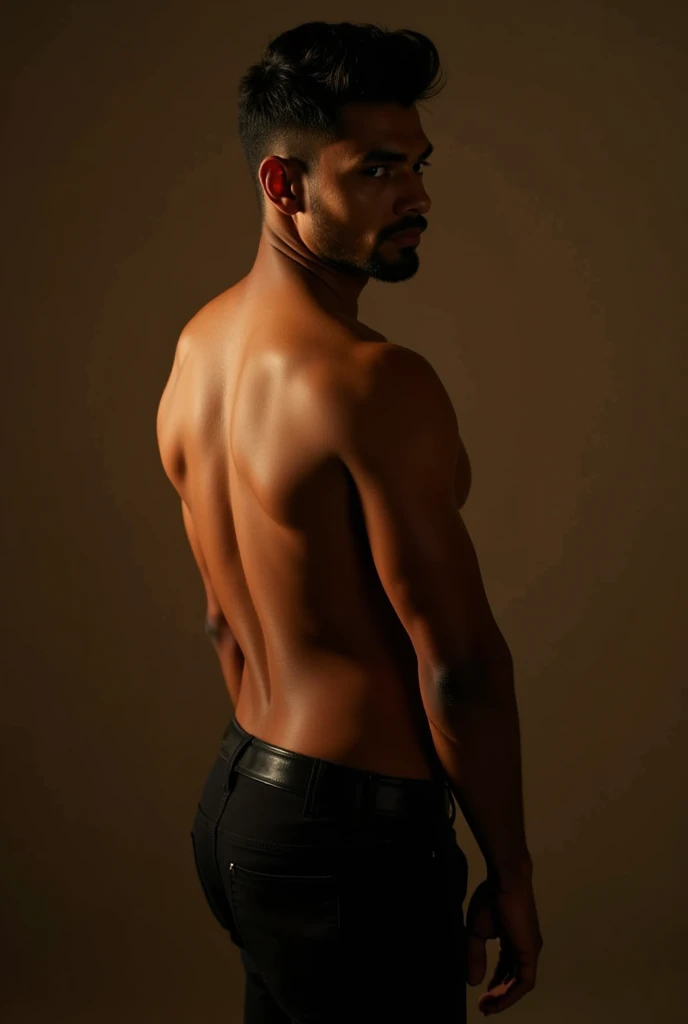 photograph of a beautiful man with black curly hair and a beard, he is naked, he is sitting sideways on a chair, leaning over a bench, professional photography, sensual gay shoot, photography with studio lighting in a dark environment, high resolution