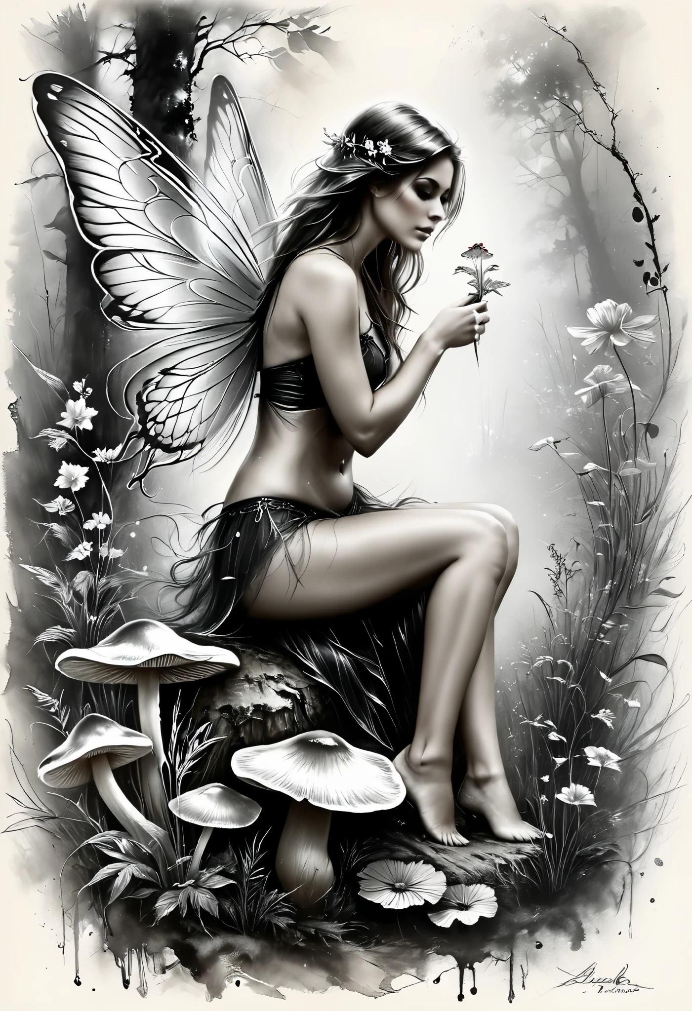 Charcoal and chalk drawings. Create a gentle and whimsical tattoo featuring a fairy with thin wings, sitting on a mushroom. The tattoo has a magical and playful meaning, symbolizing the wonder of your life. The tattoo is designed with floral accents, giving it a charming and ethereal look.
Anders Zorn style painting workshop, by Aleksi Briclot, Luis Royo