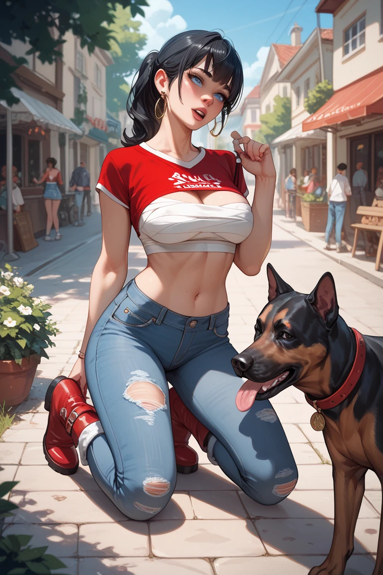 A tall girl, wearing shorts, big breasts, round and big hips, Cuban cigars in her hand, very drunken eyes, a big waterfall behind her, small animals are looking at the girl from everywhere, a big Doberman dog is walking next to the girl and notices her.