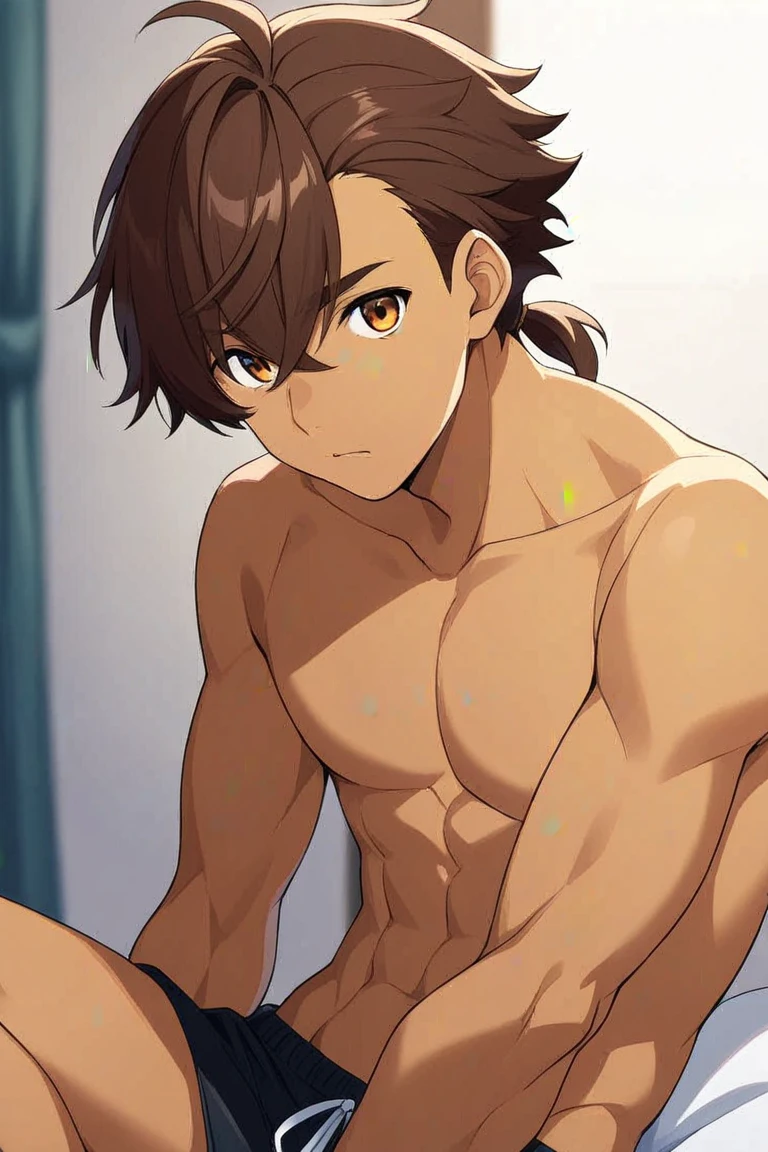 calidad superior, Obra maestra, Ultra high resolution, of a tall boy with brown hair and brown eyes, he is in a room without a shirt, he is muscular and he smiles in a perverted way.