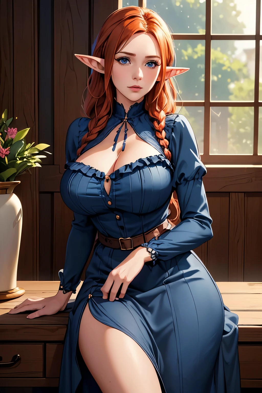 (best quality,highres),(realistic:1.37),(portrait),(studio lighting), ,solo mature woman,curvy, giant breasts, giant ass,straight strawberry blonde hair, dusty blue eyes,full lips, seductive, choker, painter's apron,painter's hat