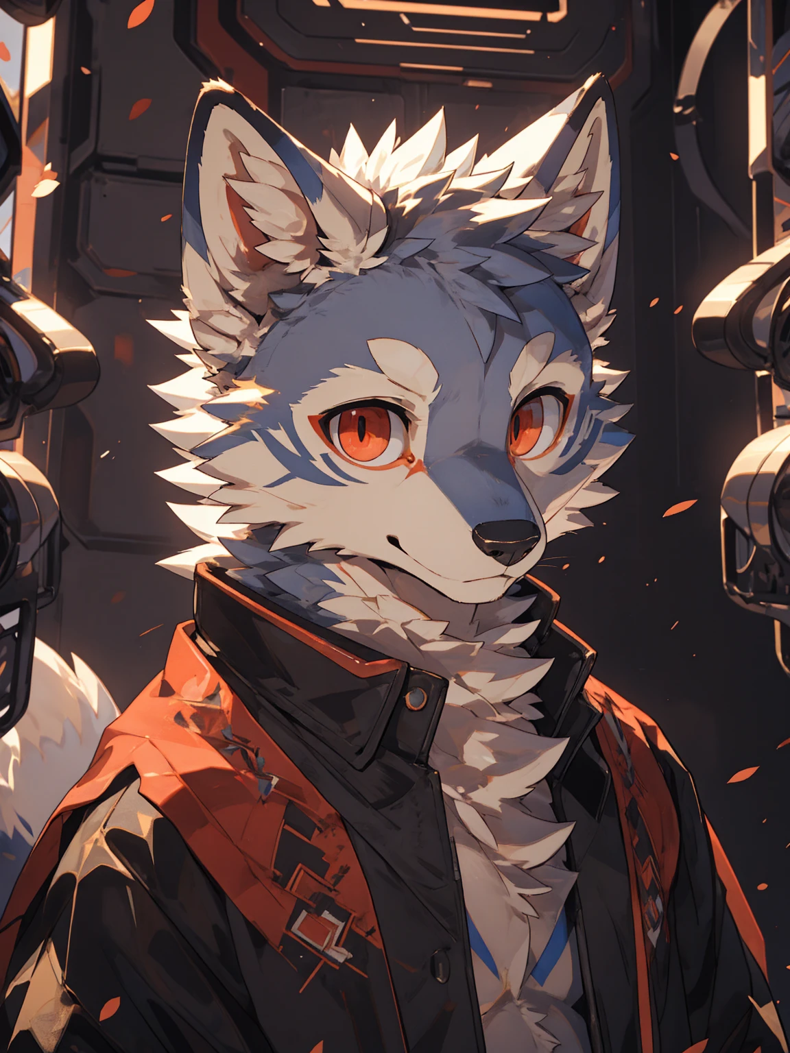 (High Definition, Dynamic HDR, 4k, full HD) furry ,16 years ,relaxed ,black and gray fur ,lobo ,high ,black and gray fur ,green left eye and blue right eye ,random clothes ,smile in the face ,resting ,bedroom ,Upper part of the body,beautiful,elegant,alone