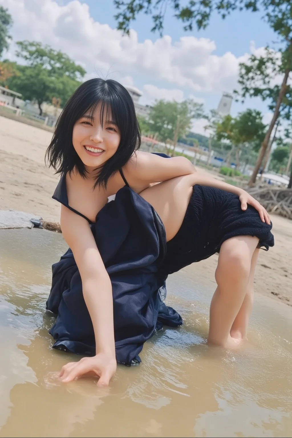 (Japanese idol, 1 girl, unparalleled beauty, close your eyes, smile, small face, perfect style, Body based on human mechanics, Raw photo, real person:1.4) photograph, (professional lighting), (((highly detailed eyes and face))), ((double eyelids)), (Tits sharp focus:1.4), (black hair, ponytail, elegant light makeup, eyeliner, mascara:1.4), huge , shiny skin, 20-year-old, ((slim body, slender)), (Hands behind your back, micro bikini, I can see the cleavage, mini skirt, slouch, stand in shallow water, Beautiful leg lines, Tifa Lockhart lookalike:1.4), attractive face, NSFW, ,