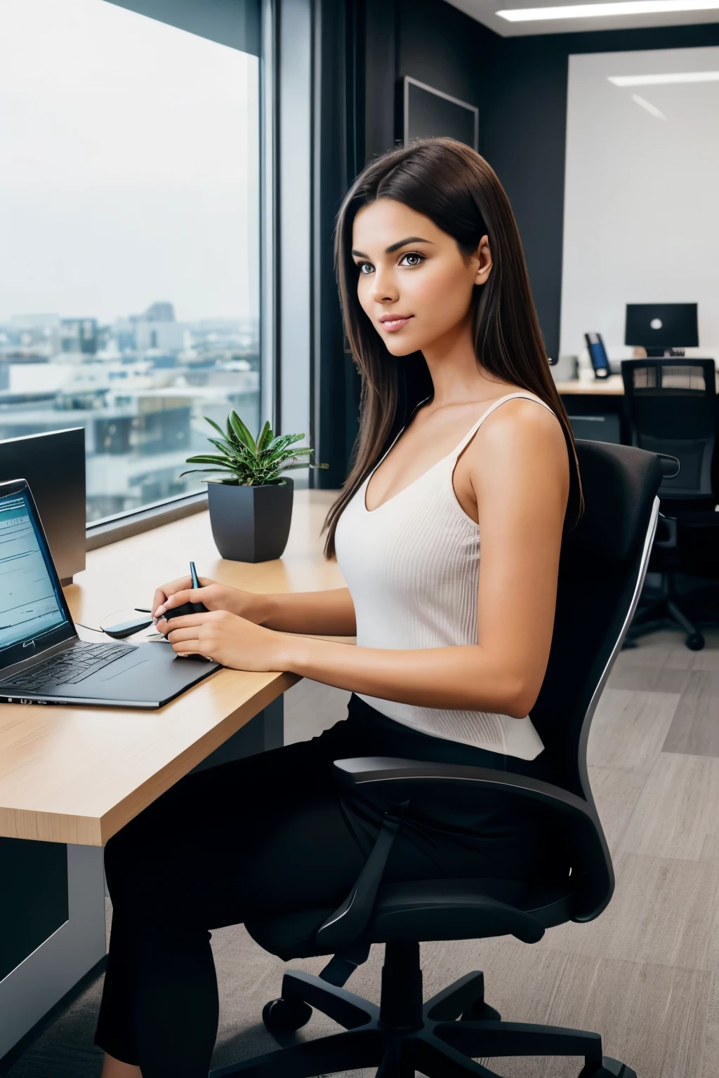 A woman with dark brown hair , smooth, cut just 4 centimeters below the shoulders. She has big, dark brown eyes and a heart-shaped face. The woman is seated in an ergonomic office chair, in a sophisticated and modern work environment. Behind her, there is an advanced workstation, with four computer screens of varying sizes, all turned on and displaying graphics, codes, and interfaces related to artificial intelligence and machine learning. The office has a minimalist and futuristic aesthetic, with soft lighting and neutral tones, like gray, white and blue. On the table in front of you, there is a transparent water bottle, a modern cup of coffee and a notebook with some handwritten notes. The image style is realistic, with high attention to detail, textures and lighting , capturing a technological and professional environment. Photograph taken by Uma Cannon, 4K