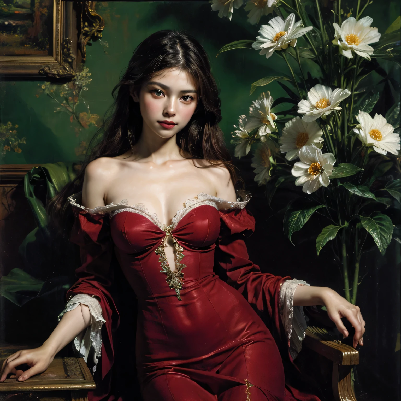 (Oil painting: 1.5),
\\
A woman with long black hair and white flowers in her hair sitting under a red peony flower, rose red dress (Amy Saul: 0.248), (Stanley Arteg Liu: 0.106), (a detailed painting: 0.353), (Gothic art: 0.106), nsfw, sexy pose , beleza abstrata, Centrado, looking at the camera, Facing the camera, nearing perfection, Dynamic, luar, altamente detalhado, pintura digital, art stations, Conceito-Arte, liso, sharp focus, 8k, high-definition resolution, illustration, arte de Carne Griffiths e Wadim Kashin, fundo futurista.