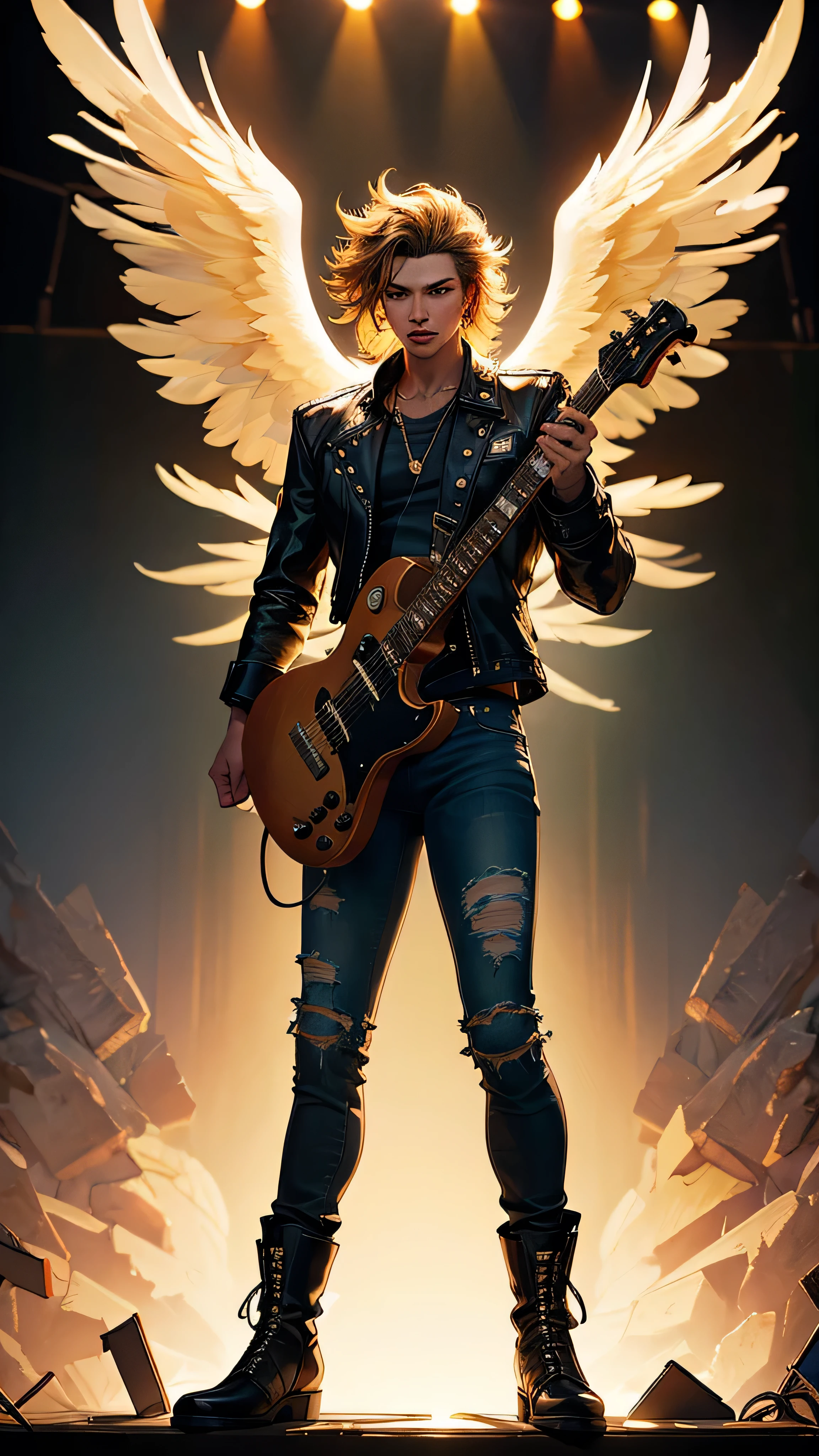 aasimar, 1man, male, rockstar, performing on stage, dazzling neon lights, golden eyes, passion, play an electric guitar, celestial halo glowing faintly amidst the haze of the concert atmosphere, stylish leather jacket, celestial engravings, ripped jeans, heavy boots, divine grace and rock rebellion, feathered wings, stage lights, wild performance, energy crackles, powerful solo, classic 80s glam rock aesthetic, wild teased hair, studded accessories, solo, cowboy shot, front view