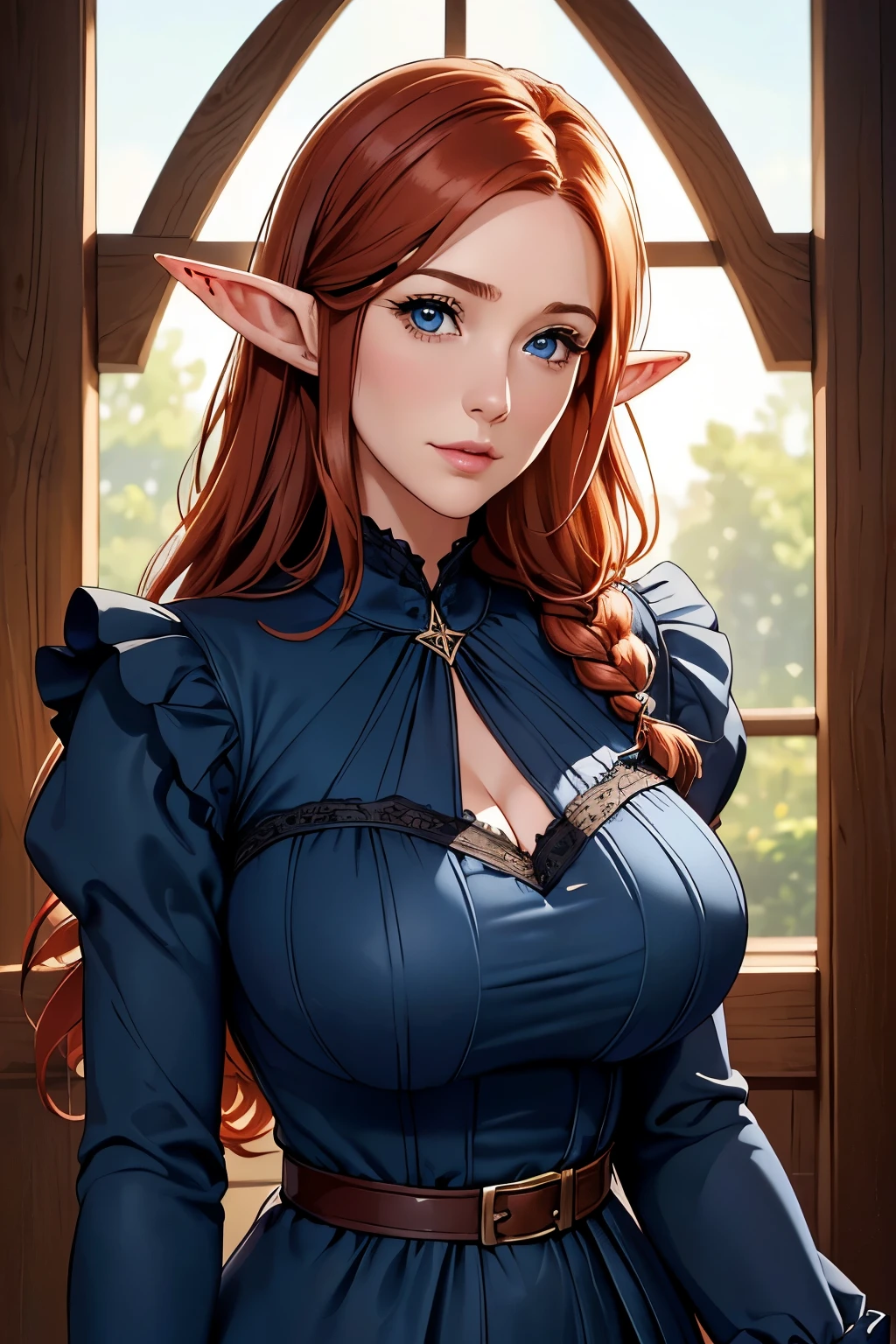 Beautiful Farmer with Braids . (( Redheaded Woman, mature adult woman , mature MILF's face , long hair , pointy ears , elf ear)), Perfectly round face . cute and charming face , big lips , beautiful and voluptuous , charming beauty , (( soft expression on the face )), ((Beautiful big, detailed blue eyes )), curly curly , long legs (( Dark blue dress with ruffles, mature adult woman , adult milf face, modest dress, very high neckline)) ( detailed high )), official art , Award-winning digital painting , digital illustration , extreme details, 4K, Ultra HD, rococo, polished, intricate, realistic fantasy art , sharp focus, conceptual artwork , arte por wlop, germ of art, ( 2D vector illustration ) light, airy, hourglass shaped body . ellie bamber