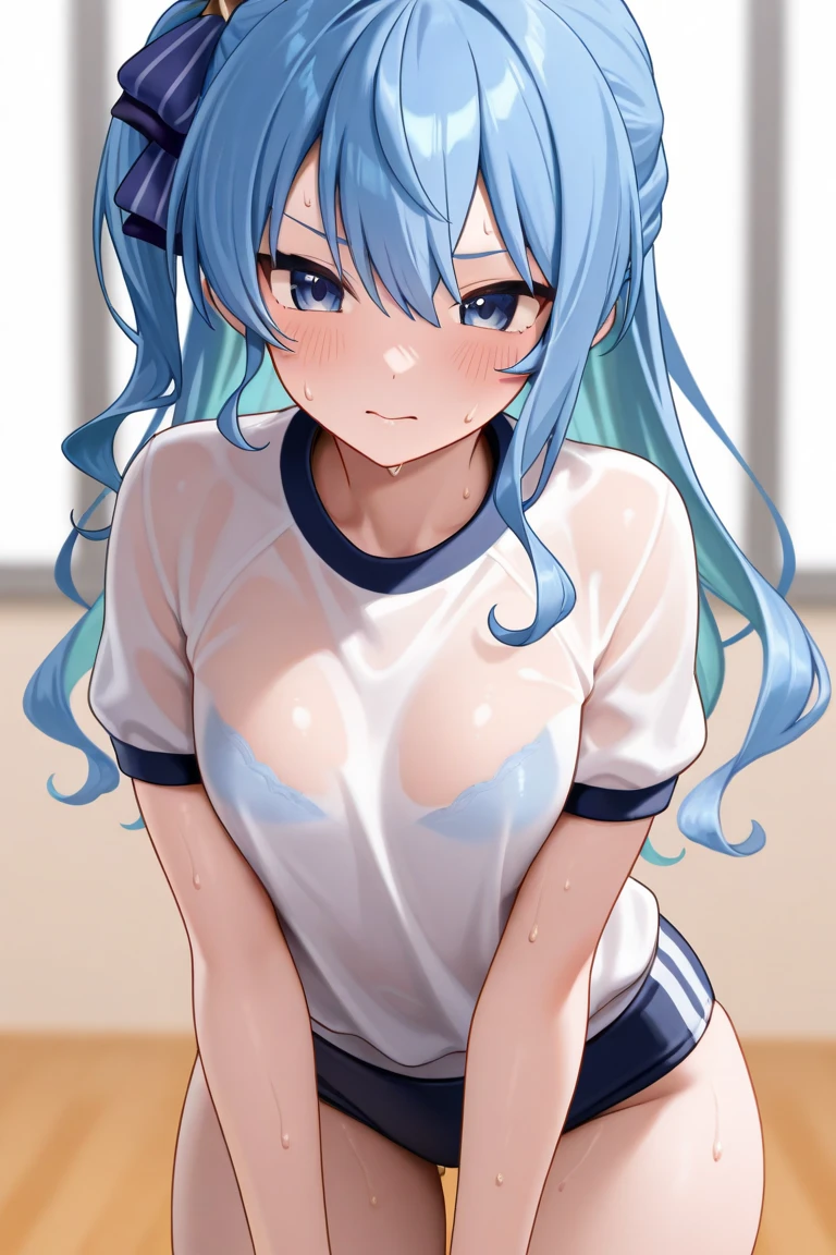 NSFW,masterpiece,Highest quality,High resolution,Super detailed,Star Town Suisei\(Hololive\),Blue Hair,One Side Ponytail,Blue Eyes,Small breasts,separate,School,locker room,Seduce,Expecting face,During class,Change of clothes,From the side