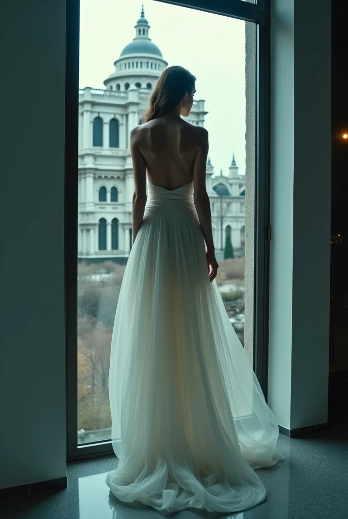 he is from behind, he is wearing an elegant dress, he is in an elegant room
