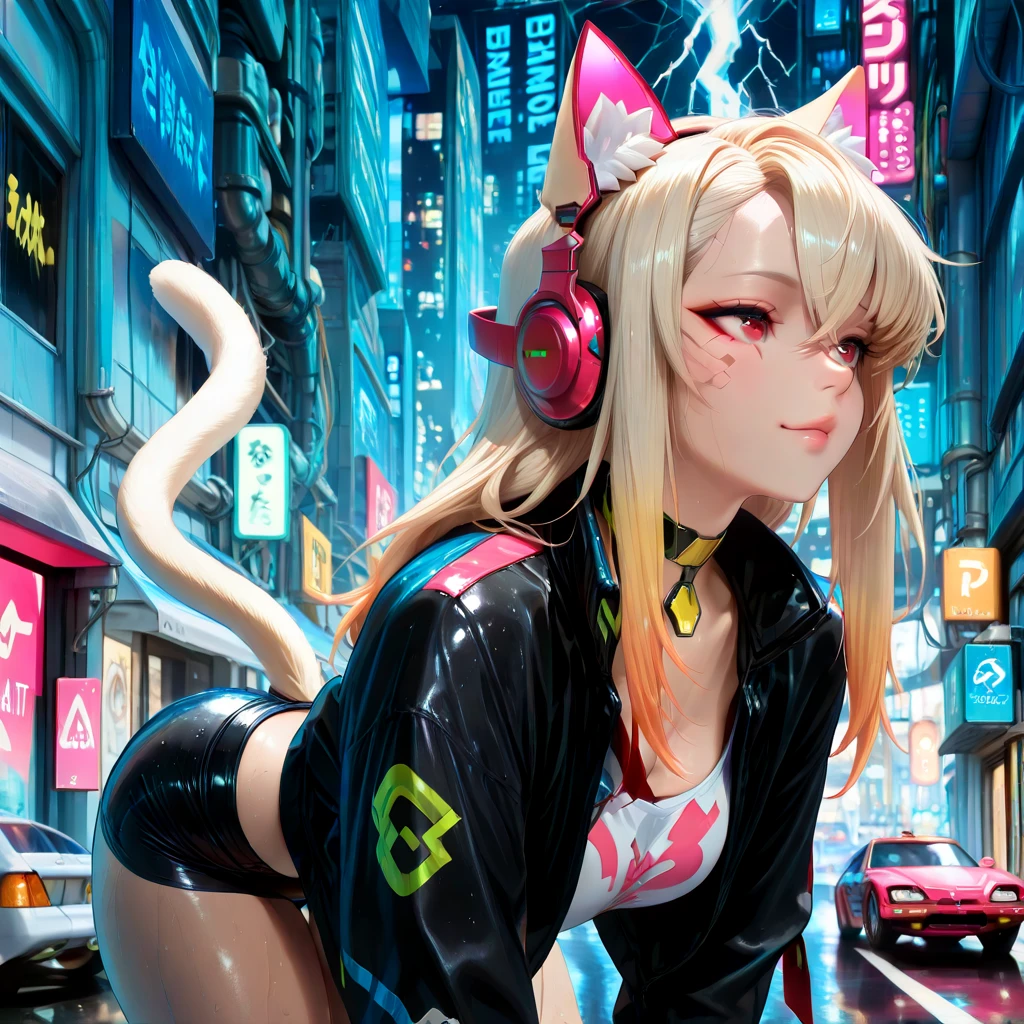 (RAW photo, best quality, masterpiece:1.2), (realistic, photo-realistic:1.4),(masterpiece:1.4),(best quality:1.4),1girl, solo, :d, animal ear headphones, animal ears, arms up, bangs, blush, bodysuit, breasts, bunny pose, clothes writing, covered navel, cowboy shot, cropped jacket, fake animal ears, gloves, outdoor,morning,snow, hair intakes, headphones, impossible bodysuit, impossible clothes, jacket, large breasts, latex, latex bodysuit, long hair, long sleeves, looking at viewer, large breasts, multicolored gloves, open mouth, pink bodysuit, pink eyes, red eyes, red jacket, shiny clothes, shrug \(clothing\), sidelocks, skin tight, smile, thigh gap, thighs, twintails, very long hair, white gloves, white hair,alice \(nikke\),(shiny skin),realistic,