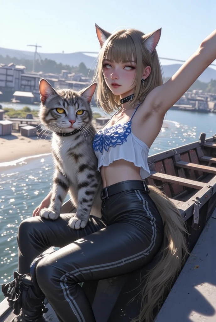 (Best Quality, Masterpiece: 1.1), (Realistic: 1.4), Beautiful naked girl is riding on the Cheetah, god ray ,teen, silver short hair, blue eyes, Going to schoo