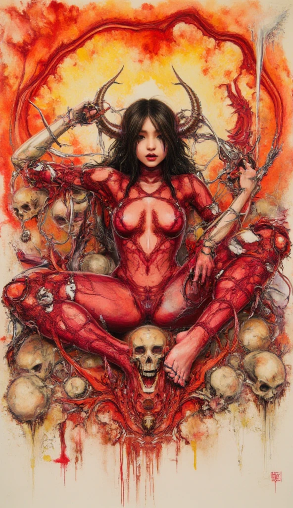 from below, 1girl, full body portrait, succubus, day of the dead facepaint and bodypaint, crawling on the floor on hands and knees, scary horror detailed art in color, aroused expression, busty, curvy hips, sexy, alluring, erotic posing with open legs, naked, au naturel, nude , no underpants, highly detailed fantasy art, beautiful fantasy art portrait, intricate detailed digital art, highly detailed digital painting, digital art fantasy art, mark brooks detailed, detailed fantasy digital art, amazing detail digital art, close-up portrait demoness skull, by Todd Lockwood, liquid metal bodysuit