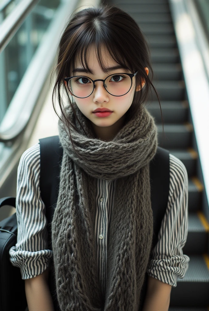 1girl, blurry, blurry_background, blurry_foreground, bokeh, building, coat, depth_of_field, glasses, looking_at_viewer, motion_blur, outdoors, photo_background, pink_scarf, black_hair, scarf, solo, upper_body, web_address, white_scarf, blue eyes