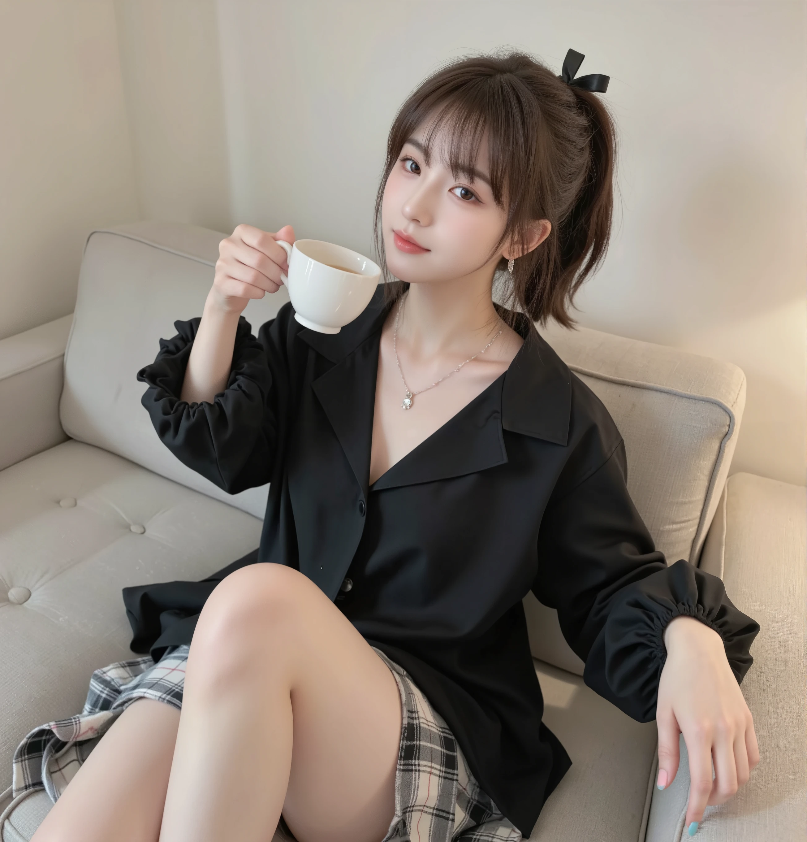 high quality of wavy lines,realistic,Detailed skin texture,Beautiful Japanese 18 year old woman,A pretty expression,seductive smile,virtual YouTuber,4K,fantasy,portrait,details,real,professional,vivid,Bokeh,studio lighting,extreme detail,photo shoot,high dynamic range that closes one eye short ponytail (brown hair 1:2)brown eyes Big cute eyes Young face high nose small mouth long eyelashes double eyelids model figure black ribbon earrings,necklace Natural Makeup 赤い口紅,Big Breasts 1:2,stares at the audience Full body (loose and oversized black rider suit) black blouse plaid mini skirt colorful nail polish Sit on the sofa and drink tea upper body zoom up