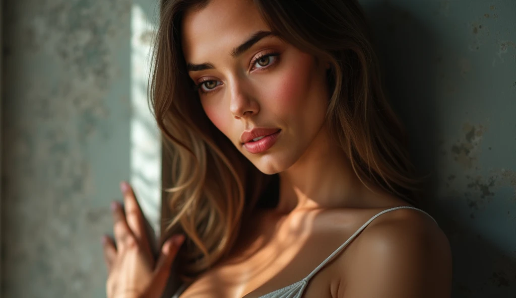 ((long shot)) brunette influencer with long, naturally wavy hair, green eyes, sexly, big , enjoying a coffee in the mountains, elegant and modern look, relaxing, Calm, extravagant , 8k, extremely detail, photorealestic, Details Complicated, Realistic skin texture, realistic hair, Textur, Happy, 8K UHD, best quality, High resolution, attention to details, very large , long shot, wide angle,(big boobs)