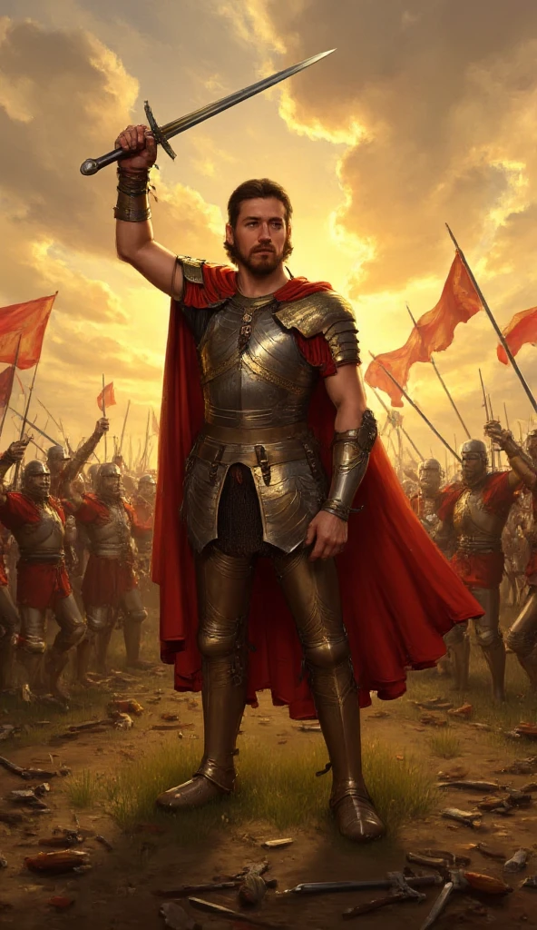 (masterpiece, UHD, digital art, detailed:1.3), King Alaric I, battle-hardened and fierce, (ancient Germanic attire:1.2), adorned with war trophies, windswept hair, rugged beard, leading his Visigoth forces, (wielding spears and shields:1.2), fierce clash against the might of the Roman Empire, ancient city of Rome in turmoil, crumbling walls, (tumultuous battlefield:1.4), HDR with heightened details, realistic lighting, smoky haze, war-torn atmosphere, dynamic composition, looking forward with determination.