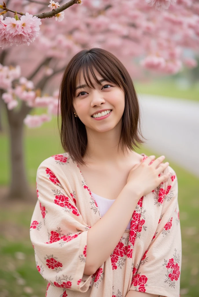 16k, best quality, cinematic lighting, realistic, natural, high res, super detail, an ultra-high picture quality, real photo, hyperrealism, ultra sharpness, intricate details, (drunk smile, mouth wide open, full-face blush, satisfied), (standing under the cherry tree, wearing a kimono with a cherry blossom pattern and has her arms folded, pulling her kimono down a little to expose her cleavage and shoulders, , not wearing any :1.2,  pose), perfect body, realistic skin, ultra detailed face, perfect , perfect fingers, completely , messy hair, extremely detailed face, beautiful , , slim waist, (looking at viewer, full body, looking up), outdoor, under the cherry tree.