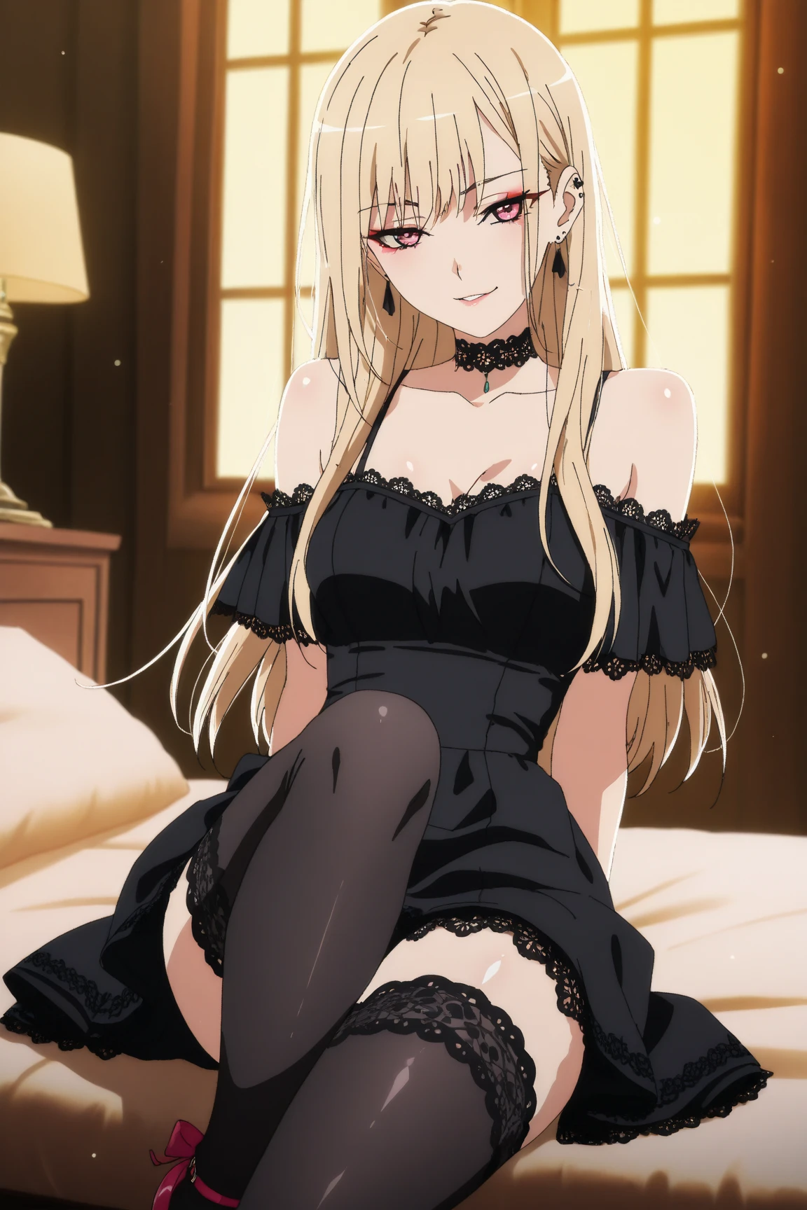 (((megami magazine))),(​masterpiece)), ((top-quality)), (The ultra-detailliert), ((kawaii)), cute little, (Wonderful), ((ighly detailed)), 4K、 (8K), top-quality, (Beautiful fece),(((World-class quality))),(((blonde  hair)))、 ighly detailed, hight resolution,、(((1人の女性)))、(((20yr old)))、(((Adult look))),((composition seen from below))、(((Looking down here))).Embarrassed expression、((rounded body))、((Plump)).(((On the red bed)))、((Detailed crotch)).((large udder))、((detailed thigh))、((perspiring))、((Drooping liquid))、(((Breast milk out of the))),(((open one's legs))).(((crouching down)))、(((Emphasis on the crotch)))、(((Crotch bite)))、(((White liquid between the breasts)))、(((Black Dress)))、(((White lace panties)))、((Putting out the chest))、(((Pretty small eyes))),((inside in room))、(((Yellowed dirty panties)))、(((Pose across the screen)))