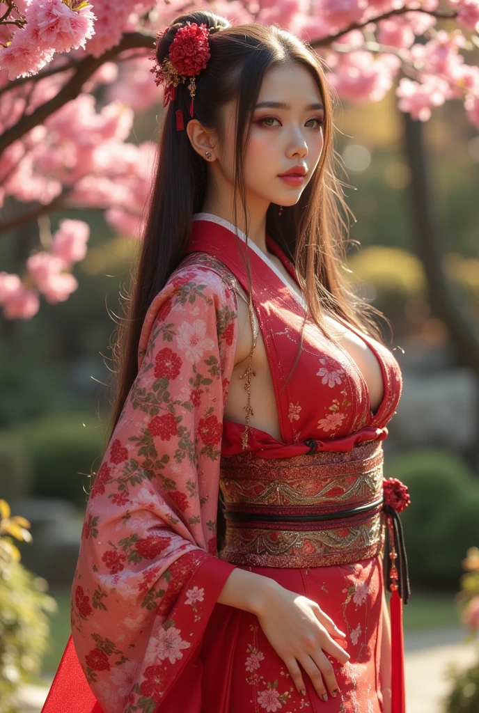 (masutepiece:1.3, Photorealsitic:1.4, 8K), top-quality, ​masterpiece, 超A high resolution, Perfect dynamic composition, Professional camera work, Highly detailed skin and facial texture:1.3, A detailed eye, Detailed limbs, autumnal, Light up at night, Autumn foliage scenery:1.2, 1girl in, Cute sexy 23 year old slim woman, Fair skin, Autumn leaves are dancing:1.2, (Enraptured look:0.9, Totally captivates you:1.0), (Red kimono:1.3, Only the shoulders are exposed), (voluptuous breasts:0.9), (Facing the front, randome pose), (Beautiful blue eyes, Eyes that feel beautiful eros:0.85), Sexy face:0.4, (A mouthfeel that feels beautiful eros:0.85), ((Too cute beauty:0.9))