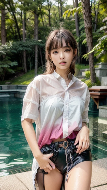 (Masterpiece, realistic, high resolution), (1 girl): 1.2), Chinese, ((black wavy hair): 1.3), (heterochromic eyes: 1.1, thick eyebrows, small moles under the eyes), tie, (white shirt, red sports shorts), (medium breasts): 1.3, thighs), outdoor, blue sky and white clouds