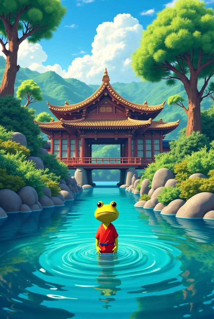 small cute chilly capybara is mediating in the central of lotus lake, above a lotus, it looklike a budha, cross legged