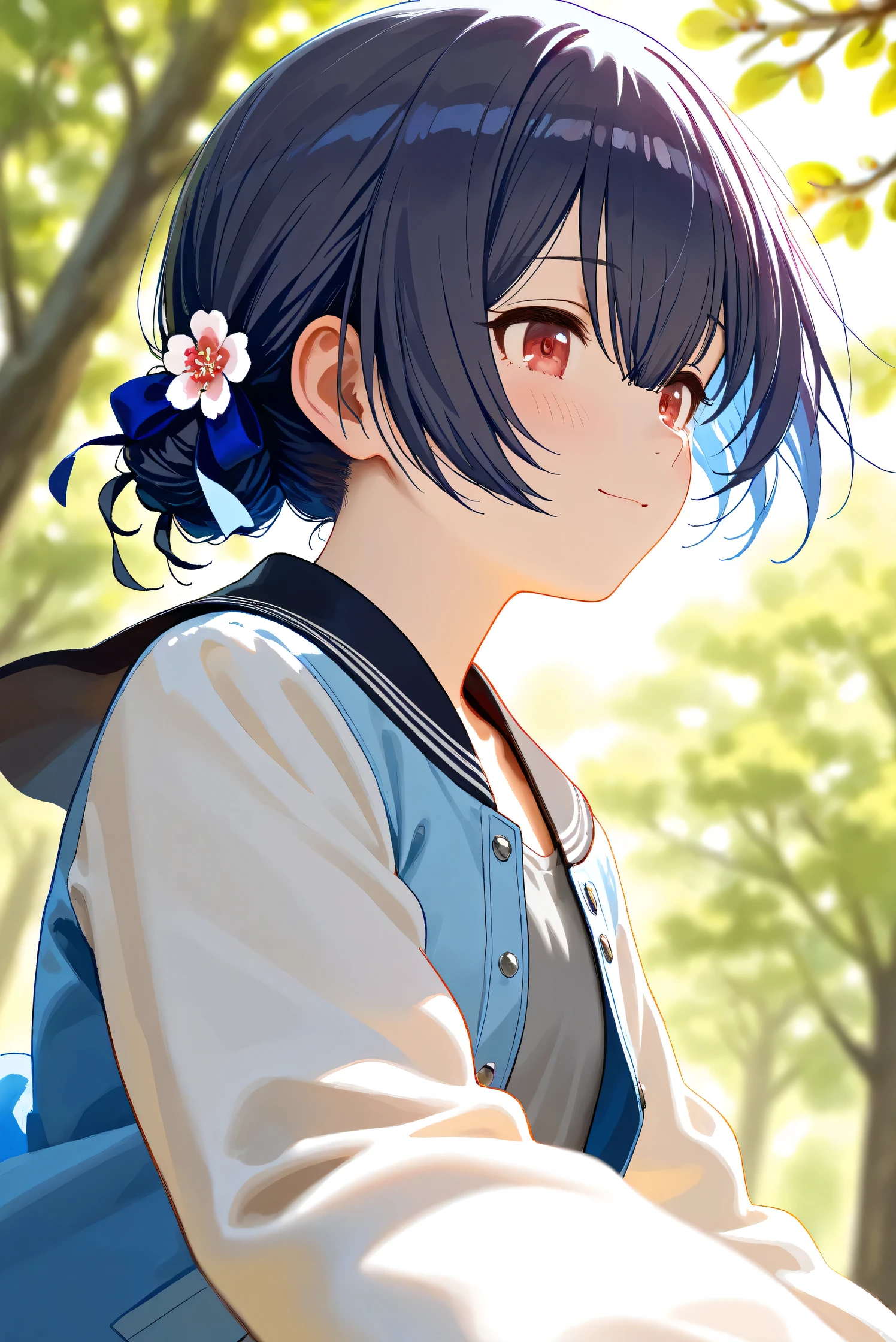 (Masterpiece), (Highest quality), (Very detailed), 
(The best shape), (Best Shadow), (Absurd), 
(Detailed background), (So beautiful), Shiny , 
Beautiful eyes in every detail, Extraordinary, Countershading, 8k, 32K, High resolution, 
Very Detailed CG, UHD,

Score_9, Score_8_up, Score_7_up, Source_anime, 
(pastel painting:1.2), (watercolor painting:1.2),
(Masterpiece, Detailed:1.2), (foreshortening:1.2),

Cinematic, Dramatic, (Depth of field:1.4),
(Blurry background:1.4), (Realistic background:1.4),
Dynamic angle, from side,
1 girl,
Spring, Outdoor, Nature, Park, Wind,
Plum, (Plum Blossom:1.3), Plum Tree,
(Sunlight filtering through the trees:1.3),

Morino Rinze, 
the idolmaster shiny colors,
mrnrnz, short hair, black hair, blue hair, single hair bun, bangs, hair between eyes, hair ornament, hair ribbon, blue ribbon, red eyes, flat chest, small breasts,

(Casual wear:1.1), 
T-shirt, Gray shirt, Plain shirt,
Souvenir Jacket, (Blue jacket:1.3), 
(Sailor collar jacket:1.1), black sailor collar, 
Long sleeves jacket, (White sleeves jacket:1.1),

(Portrait:1.2), (Focus on face:1.1), (Close up shot:1.4),
(Blush:1.4), Smile, Happy,
Realistic skin, Shiny skin,