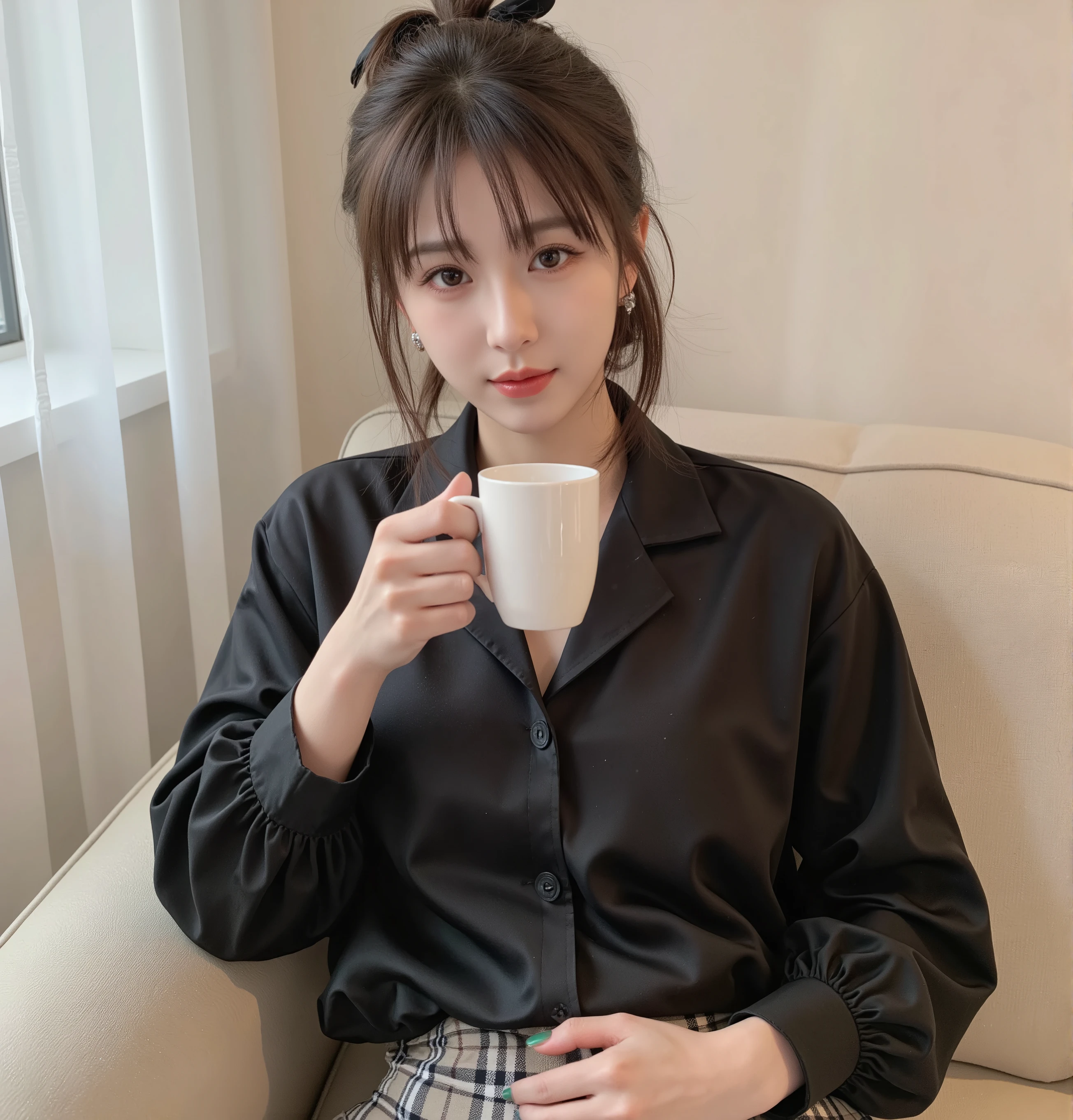 high quality of wavy lines,realistic,Detailed skin texture,Beautiful Japanese 18 year old woman,A pretty expression,seductive smile,virtual YouTuber,4K,fantasy,portrait,details,real,professional,vivid,Bokeh,studio lighting,extreme detail,photo shoot,high dynamic range that closes one eye short ponytail (brown hair 1:2)brown eyes Big cute eyes Young face high nose small mouth long eyelashes double eyelids model figure black ribbon earrings,necklace Natural Makeup 赤い口紅,Big Breasts 1:2,stares at the audience Full body (loose and oversized black rider suit) black blouse plaid mini skirt colorful nail polish Sit on the sofa and drink tea upper body zoom up