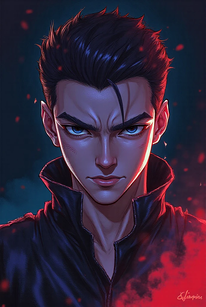 A man with black hair with red tips, he has one eye closed and the other eye is red and he has scars on his face.